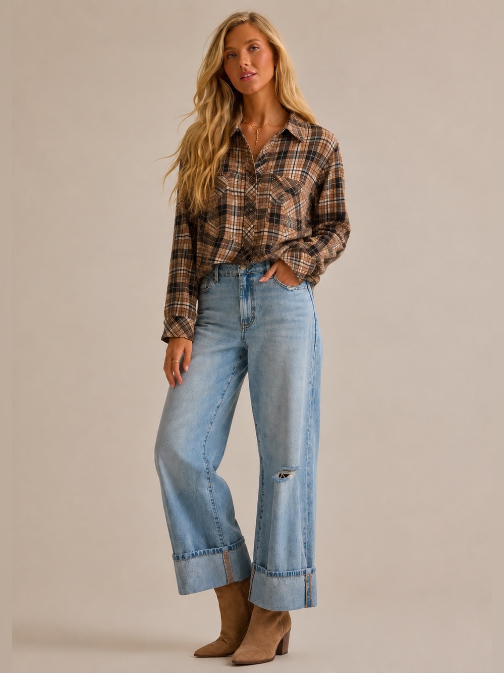 Altar’d State NWT Oversized Plaid Lace Yoke Button Down Shirt Brown Women Size M